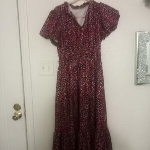 Multicolor floral burgundy black and white dress with puffy sleeves size large